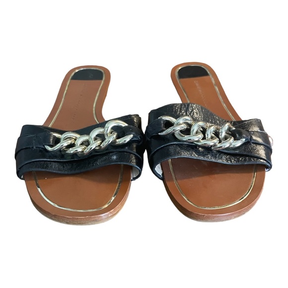 Zara basic black leather slide flat sandals with a gold chain design size 5 - Picture 2 of 11